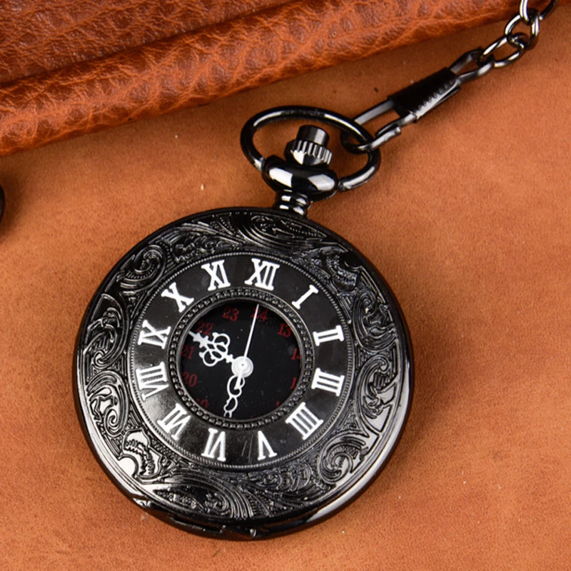 Vintage Black Carving Quartz Pocket Watch for Men Engraved Case Roman Numeral Fob Chain Pendant Clip Clock for Collection Gift
Vintage Black Carving Quartz Pocket Watch for Men Engraved Case Roman Numeral Fob Chain Pendant Clip Clock for Collection Gift