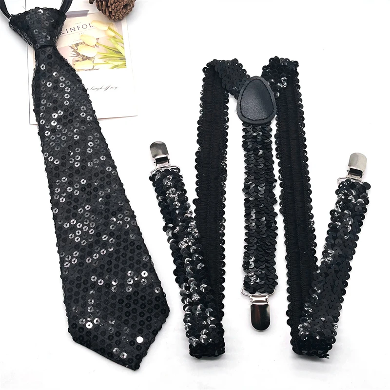 

Men Sparkly Sequins Suspenders Necktie Set Clip-on Y-Shape Back Brace Suspenders Shinning Cosplay Costume