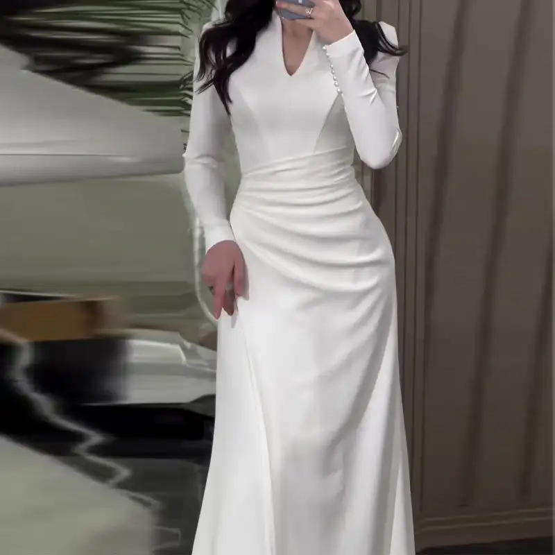 

Women's Haute Couture Elegant Slim Long Sleeve Pleated Dress Women New Solid Color Slim Fit And Gentle Style