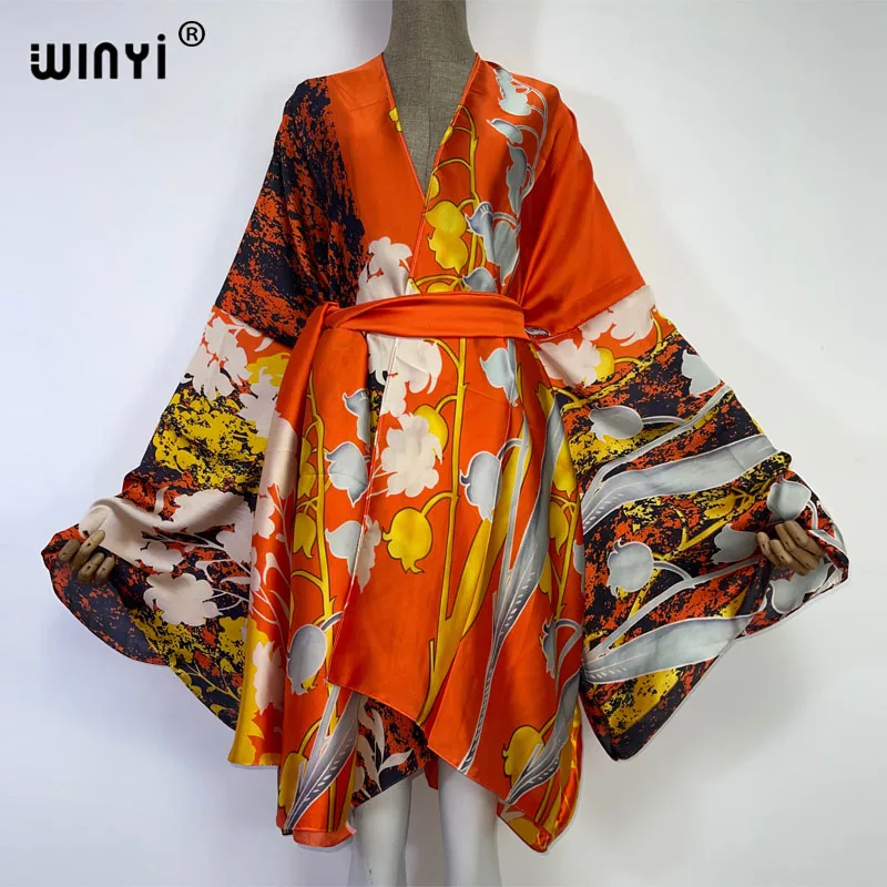 

2022 NEW WINYI Summer Beach Outing Holiday Cover-Up sweet lady boho Cardigan stitch Self Belted sexy Holiday long Sleeve Kimono