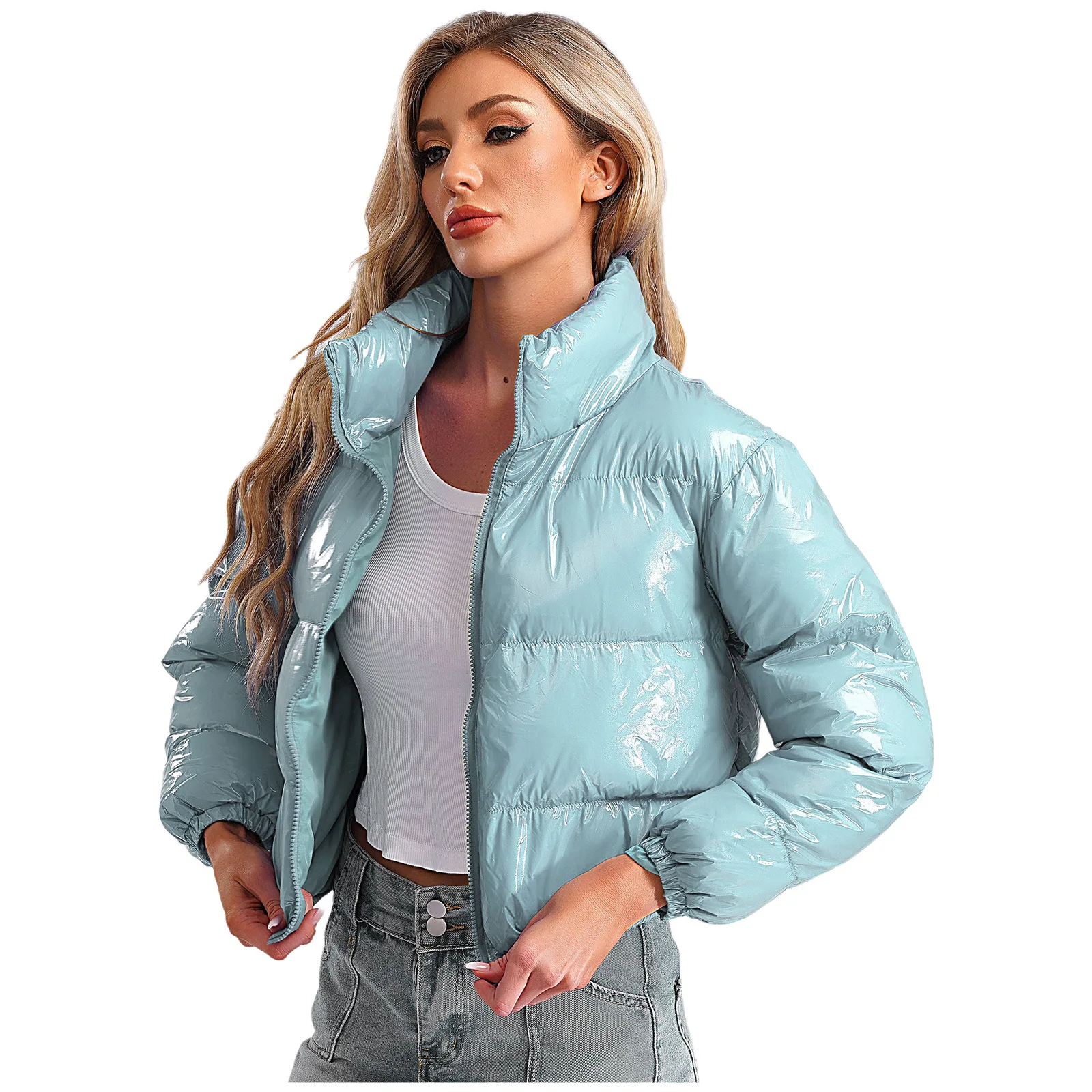 Women's Metallic Glossy Puffy Padded Jacket Quilted Outerwear Coat with Zipper Winter Stand Collar Outdoor Streetwear Women's Metallic Glossy Puffy Padded Jacket Quilted Outerwear Coat with Zipper Winter Stand Collar Outdoor Streetwear