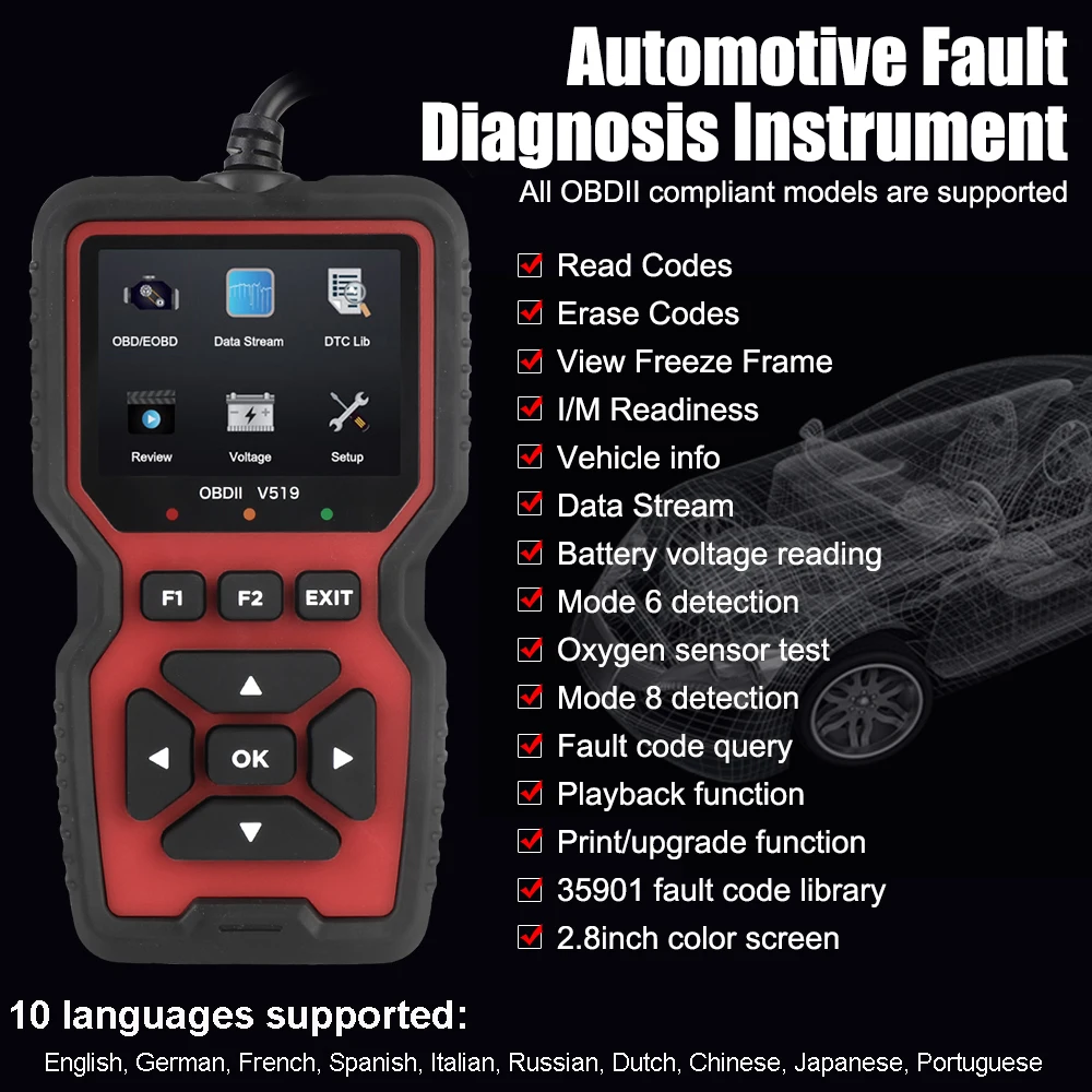 12V OBD2 Scanner V519 ELM327 Car Battery Tester OBDII Diagnostic Tools Code Reader Instrument Ignition Detector Auto Accessories
12V OBD2 Scanner V519 ELM327 Car Battery Tester OBDII Diagnostic Tools Code Reader Instrument Ignition Detector Auto Accessories