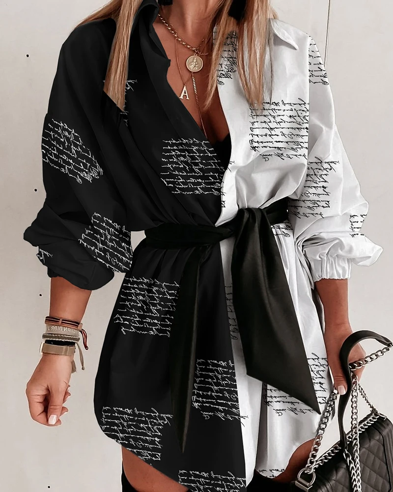 2023 Spring Summer Women Casual Mini Dress Office Lady Letter Print Colorblock Long Lantern Sleeve Bandage Shirt Dress With Belt
2023 Spring Summer Women Casual Mini Dress Office Lady Letter Print Colorblock Long Lantern Sleeve Bandage Shirt Dress With Belt