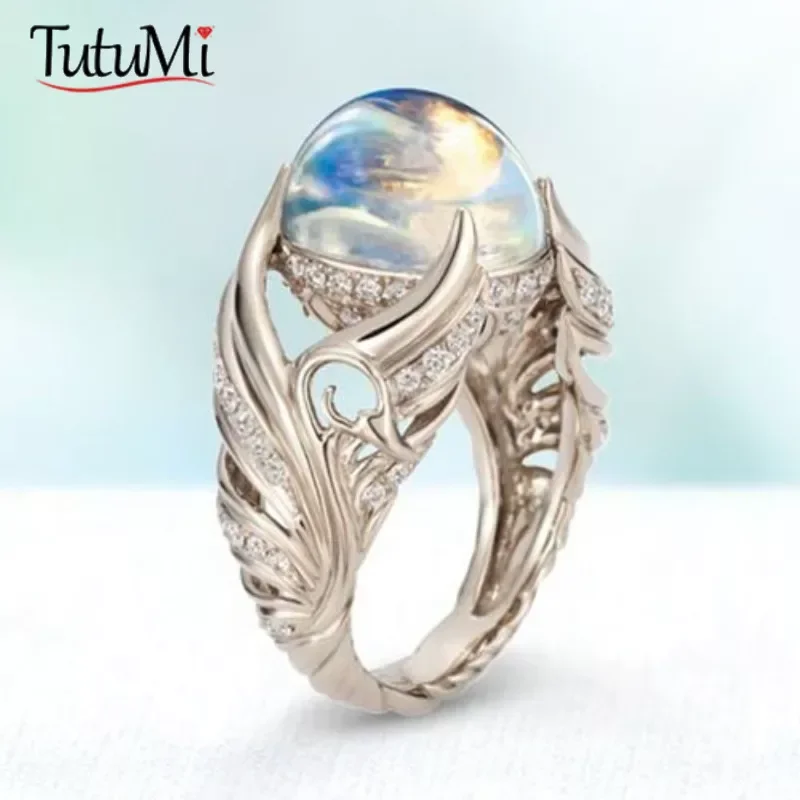 

Women's Jewelry S925 Silver Ring Angel Wings Full of Diamond Inlaid Moonlight Stone Ring with Micro Set Zircon Engagement Ring