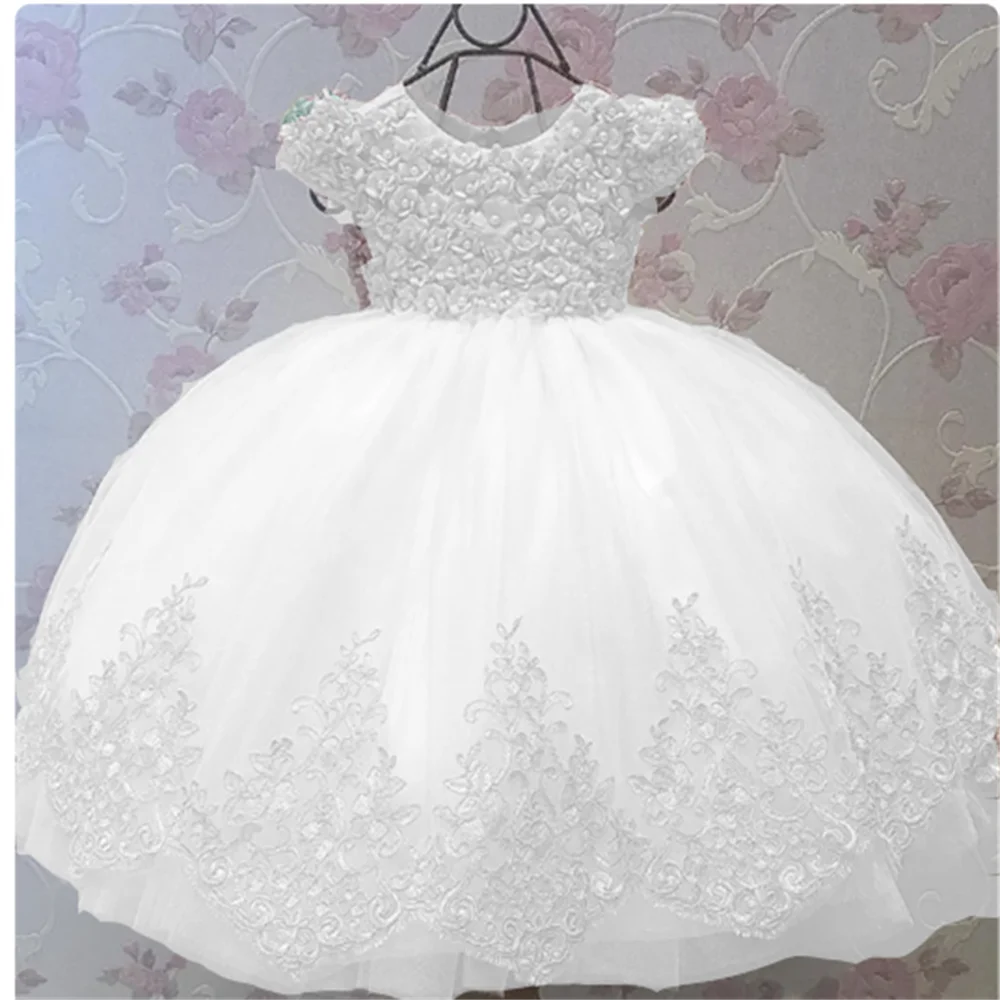 

Baby White Flower Girls Dresses Pearls Lace Baptism Flower Princess Dress Infant First Birthday Party Gown Communion Gift