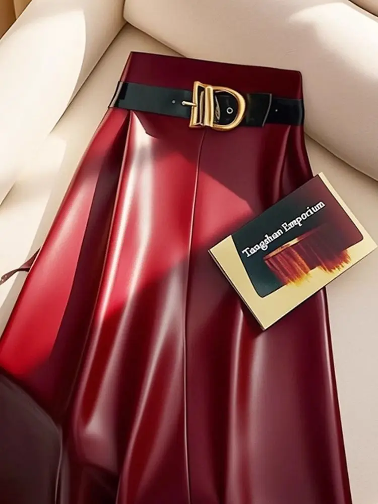 High end goddess style high-end red PU skirt for women 2024 new Leather midi skirt, mid length umbrella skirt 81 Se9fc3075dbdc4ae4899c066d4a0d7779w