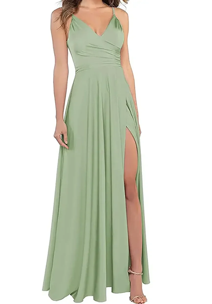 

Mint Green Women's A-Line Bridesmaid Dresses for Wedding Formal Satin Spaghetti Strap Prom Dress Long Side Split Evening Gowns