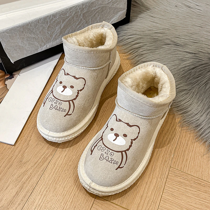 Женские зимние ботинки 2023, Повседневная Уличная обувь с мультяшным рисунком, универсальная черная хлопковая обувь