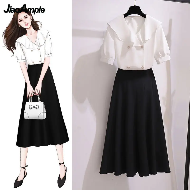 

2022 Summer Office Lady Graceful Shirt Skirts Two Piece Dress Set Women's Elegant Ruffle Collar Pearl Button Blouse Black Skirt