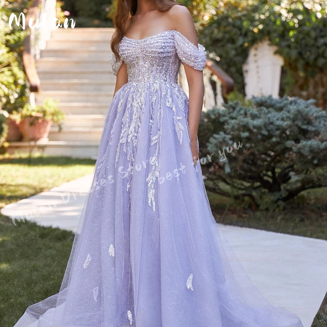 Off Shoulder Tulle Prom Dresses Sequins Beaded A-line Glitter Lilac Evening Dresses 2024 Formal Wedding Party Gown
Off Shoulder Tulle Prom Dresses Sequins Beaded A-line Glitter Lilac Evening Dresses 2024 Formal Wedding Party Gown