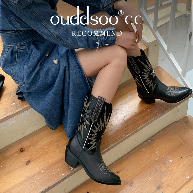 

Ods Genuine Leather Cowgirl Boots Chunky Botas Mujer Brand Designer Cowboy Showt Boots Embroider Casual Shoes Cossack Retro 39