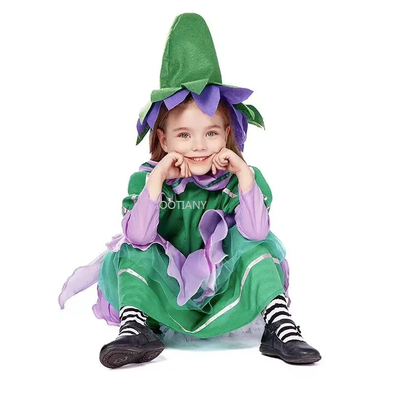 

2024 Green Girls Flower Fairy Elf Cosplay Outfit Children Halloween Goblin Costumes Carnival Purim Parade Role Play Party Dress