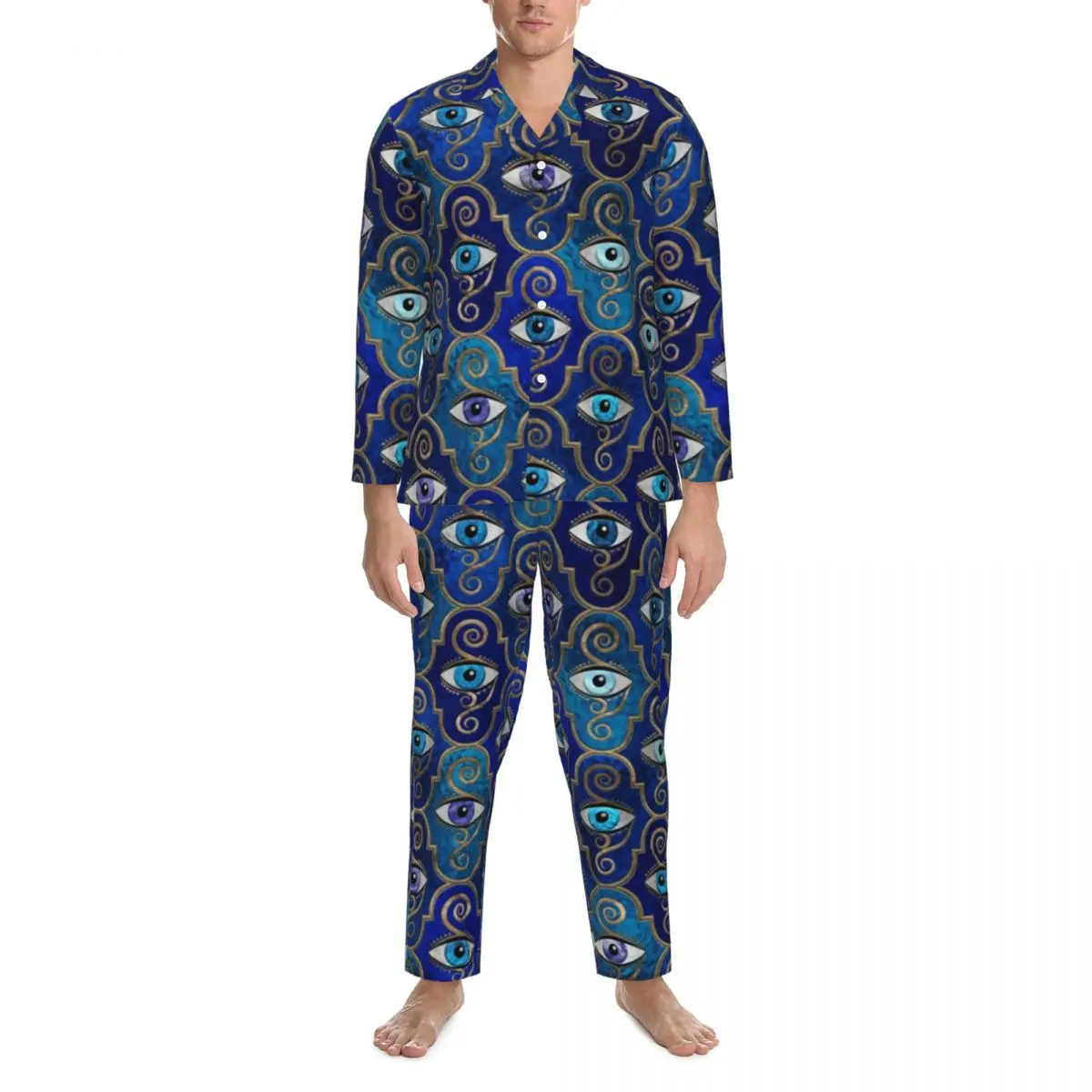 

Pajamas Men Evil Eye Charm Sleep Nightwear Greek Amulet Print Two Piece Casual Pajamas Set Long Sleeve Oversized Home Suit