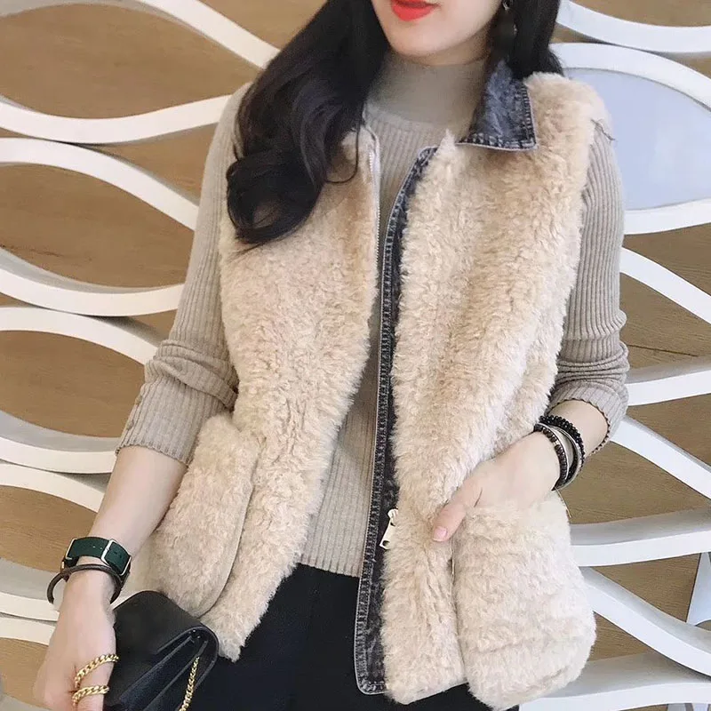 

Женский короткий джинсовый жилет из овечьей шерсти, винтажный Модный Элегантный утепленный жакет в Корейском стиле, зимняя женская Повседневная теплая куртка без рукавов