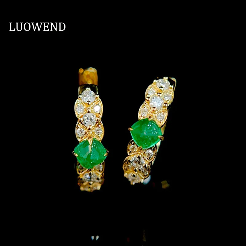 

LUOWEND 18K Yellow Gold Earrings Vintage Palace Style Real Natural Emerald Earrings for Women Shiny Diamond High Party Jewelry