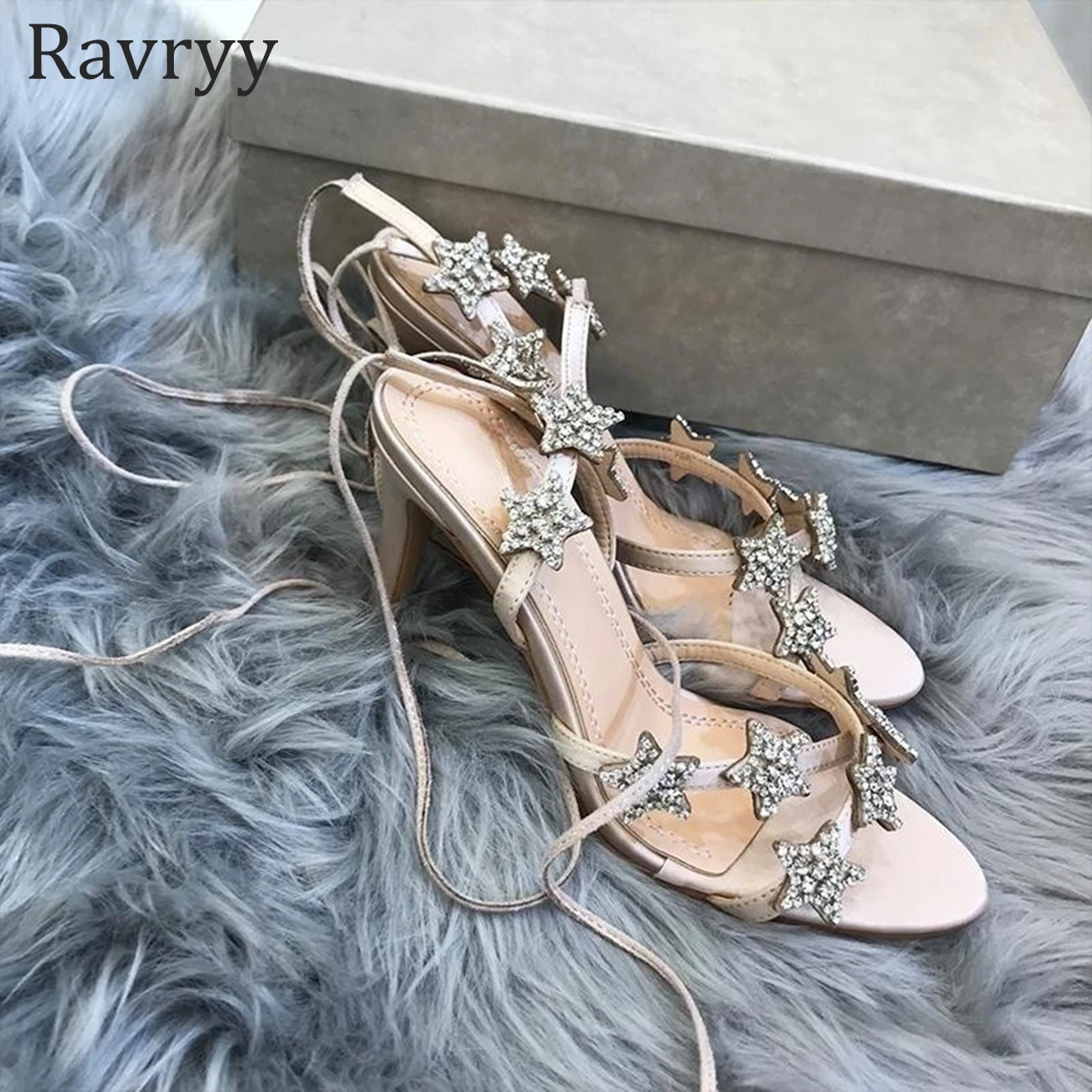 

Leather Star Rhinestone Ankle Strap Stiletto High-heeled Shoes 2024 Summer New One Word with Open Toe Sequined Ladies Sandals