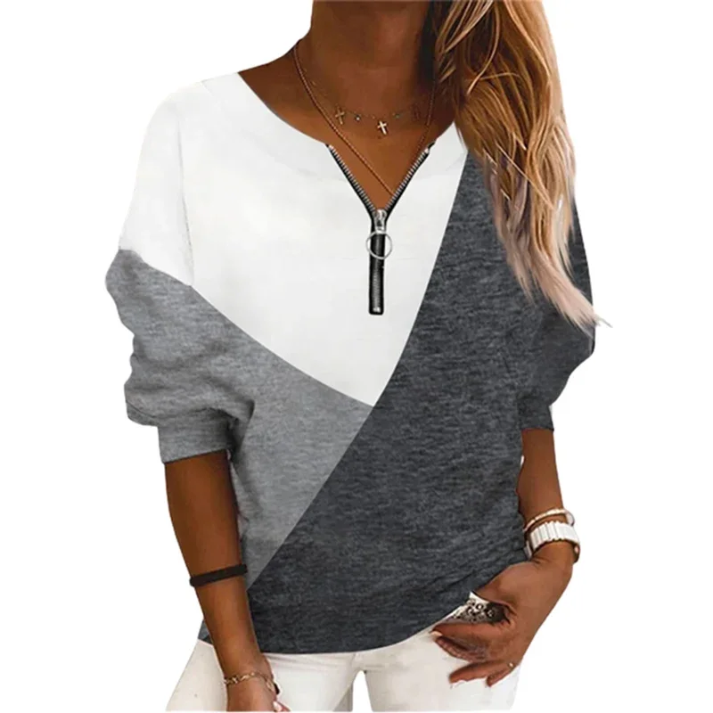 

Women New Geometry Colour Blocking Sweatshirt Zipper Splicing Loose O Neck Hoodie Female Comfortable Autumn Casual Commuter Tops