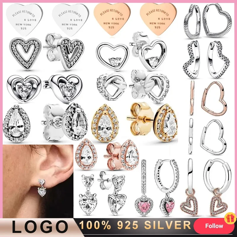 

New 925 Silver Original Logo Women's Sparkling Diverse Heart shaped Earrings DIY Charming Jewelry Gifts Light Luxury Fashion