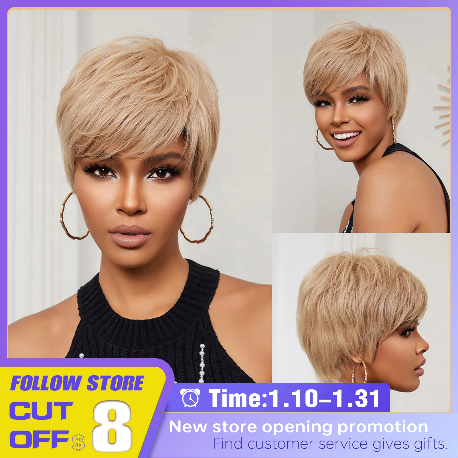 

Blonde Pixie Cut Human Hair Glueless for Black Women Afro Brazilian Remy Natural Human Hair with Bangs Short Straight Daily Wigs