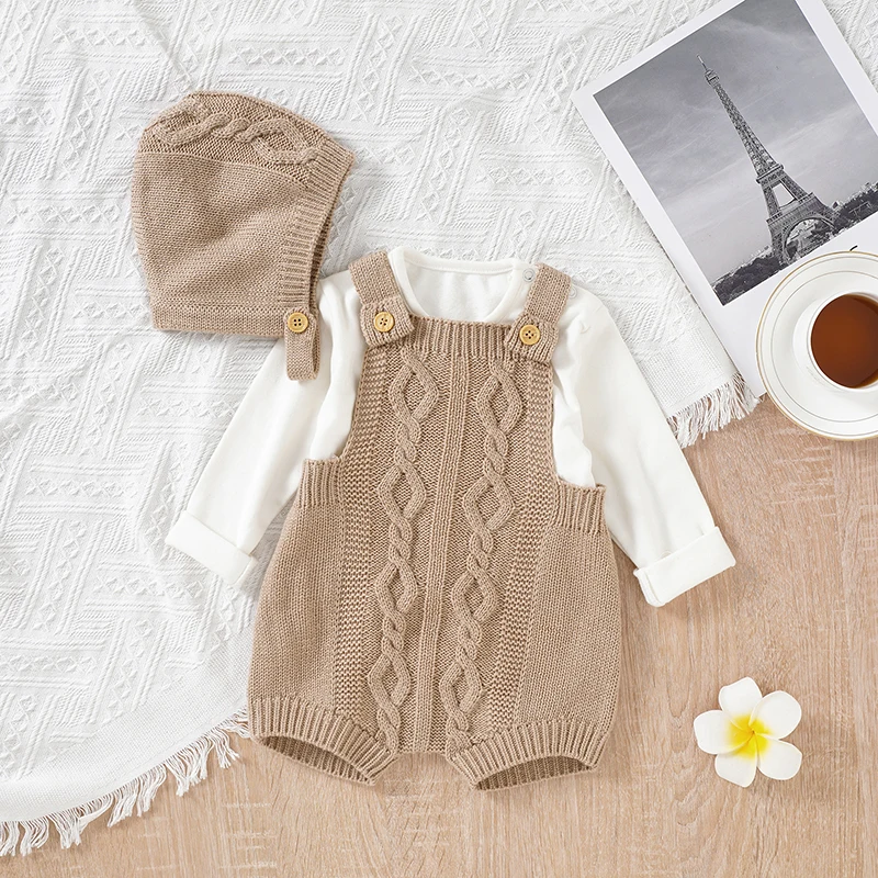 

Newborn Baby Rompers Clothes 0-18m Spring Autumn Solid Sleeveless Knitted Infant Kids Boys Girls Jumpsuits Hats Outfits Costumes