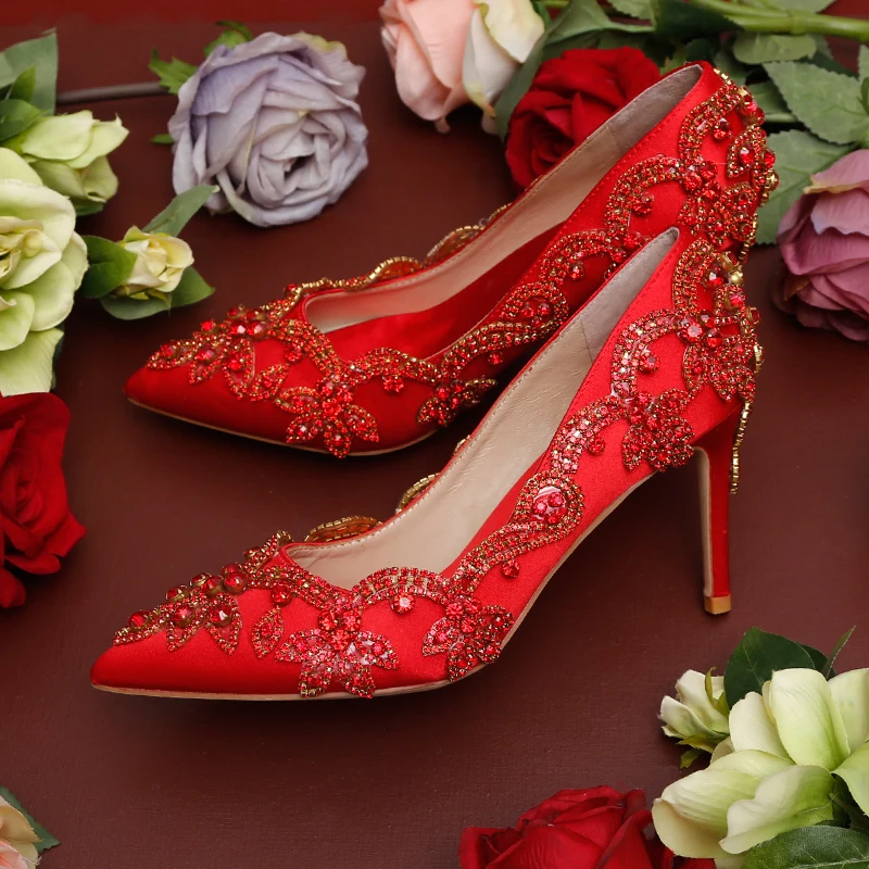 

Red Crystal Wedding Shoes Bride Dress Pumps Pointed Toe 9cm Stiletto High Heels Rhinestone Flower Luxury Party Bridesmaid Shoes