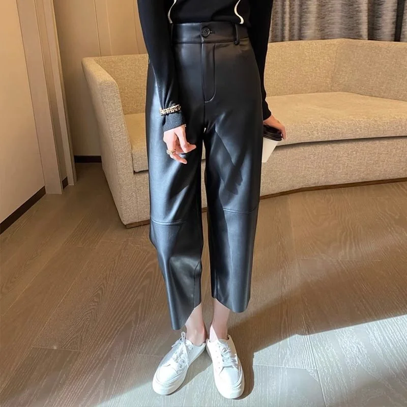 

Black Wide Leg Faux Leather Pants Women High Waisted Stretchy Slim Loose Trousers Spring Casual Pants Pantalones De Mujer