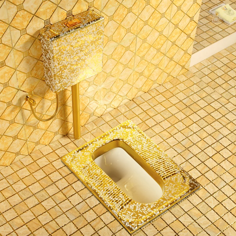 

squatting toilet water tank set, ceramic, gold plated, palace tycoon gold squatting toilet, squatting pit bathroom,deodorization