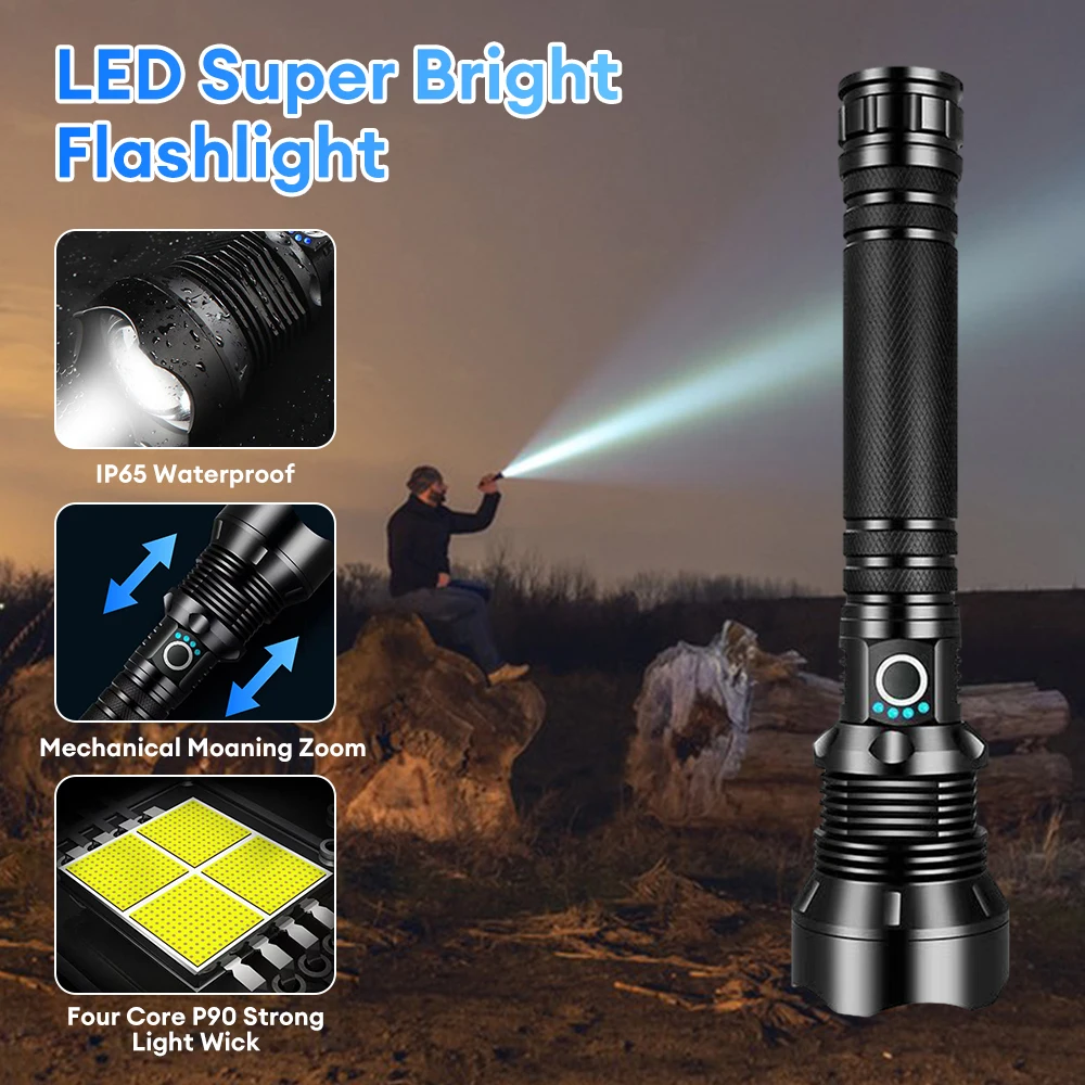 

Powerful XHP90 LED Flashlight Long Range Spotlight Rechargeable Camping fishing Lamp Tactical Zoom Torch Outdoor Work Light