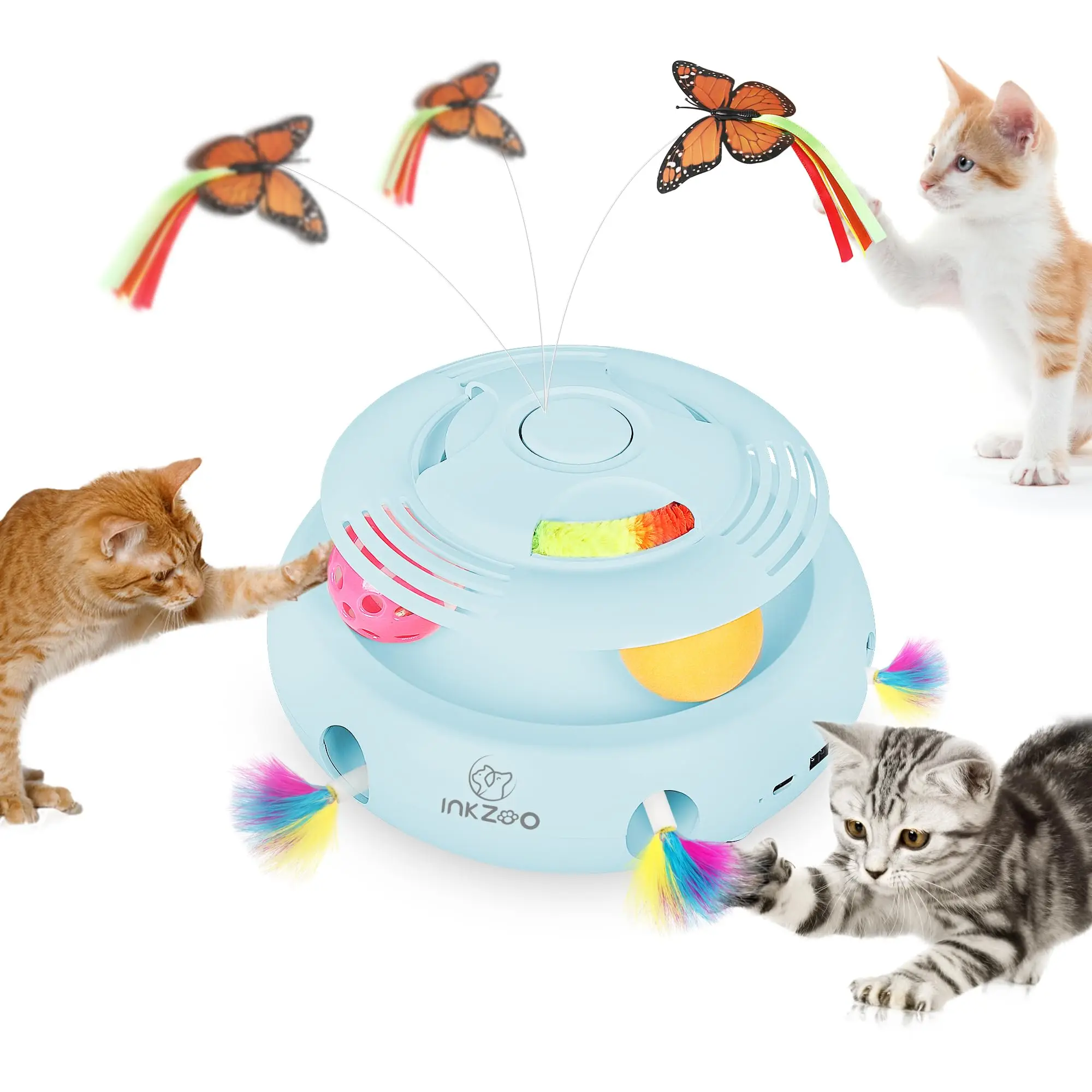 

4-in-1 Interactive Cat Toys for Indoor , Automatic 6 Holes Mice Whack-A-Mole, Fluttering Butterfly, Track Balls,USB Rechargeable