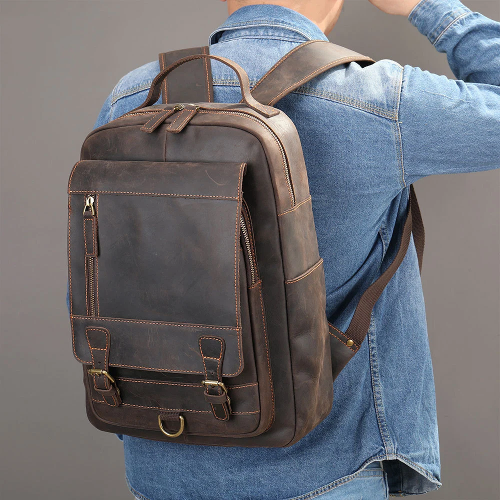 

Top Layer Genuine Leather Men Backpack Retro Business Laptop Bag For Male Real Cowskin Bagpack Travel Men School Bag Anti Theft