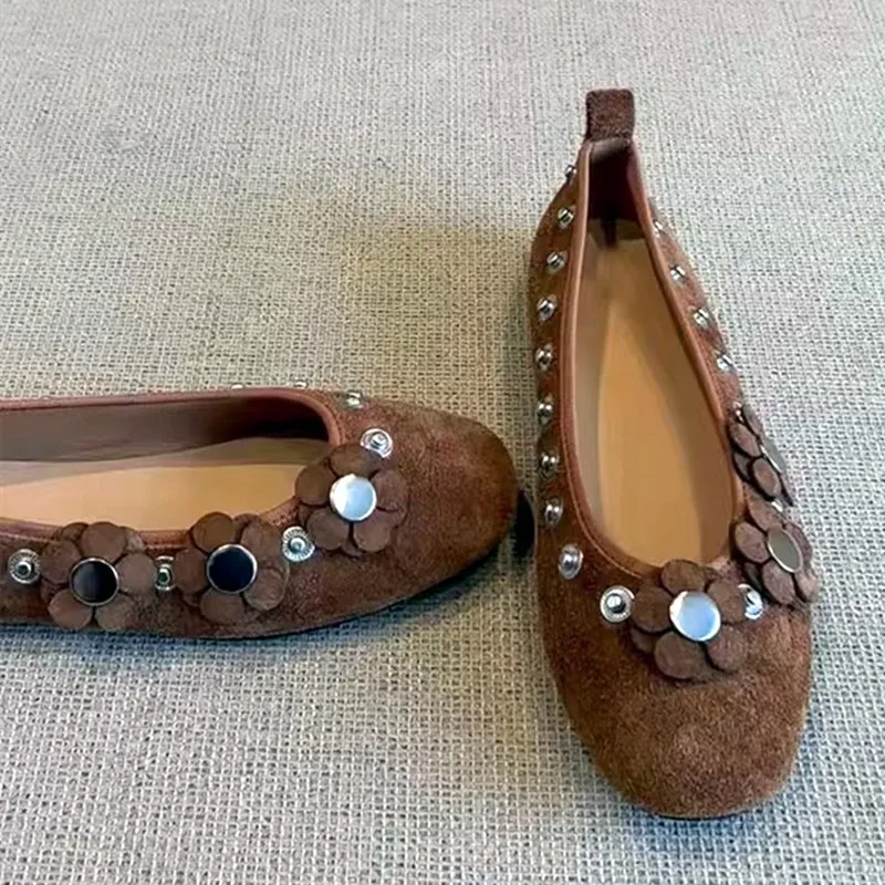 Brown Metal Button Flower Decoration Ballet Flats women Faux Suede Design Loafers Elegant Comfortable Mary Jane Shoes for Women 28 Sea16b244cea84591b88cfa5b5883b71di