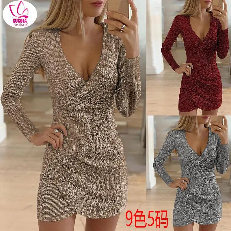 

SUSOLA Lady New Europe and The United States Autumn Sexy V Collar Hip Irregular Dress Women Sequined V Neck Dresses