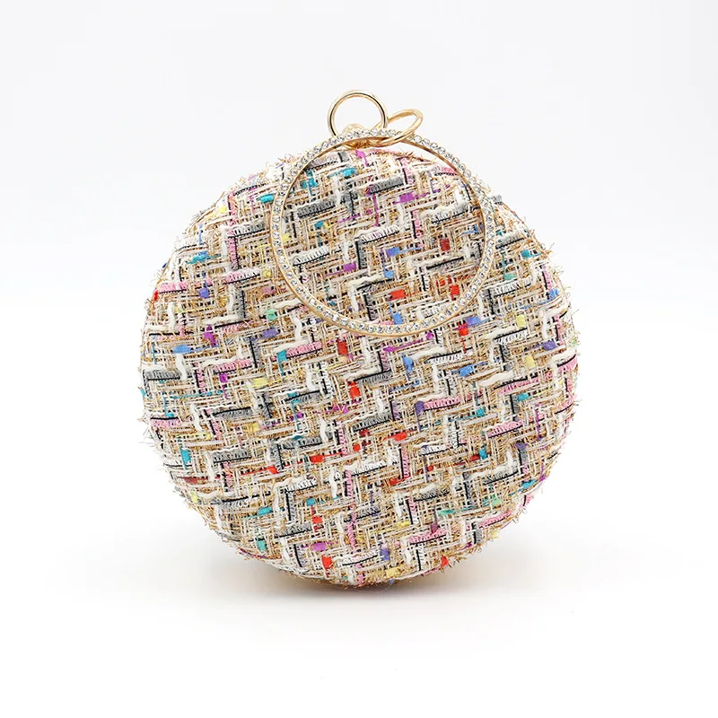 

Retro Tweed Evening Bag New French Style Fabric Round Clutches Celebrity Elegant Ladies Circular Winter Handbags Contrast Color