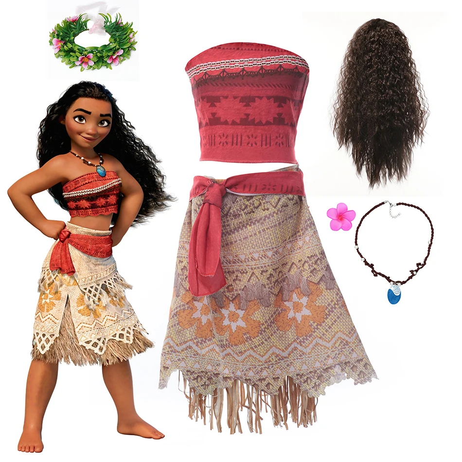 

Disney Moana Cosplay Costume Vaiana Adventure Summer Girls Beach Dresses Kids Chirismas Party Clothes With Wig Necklace