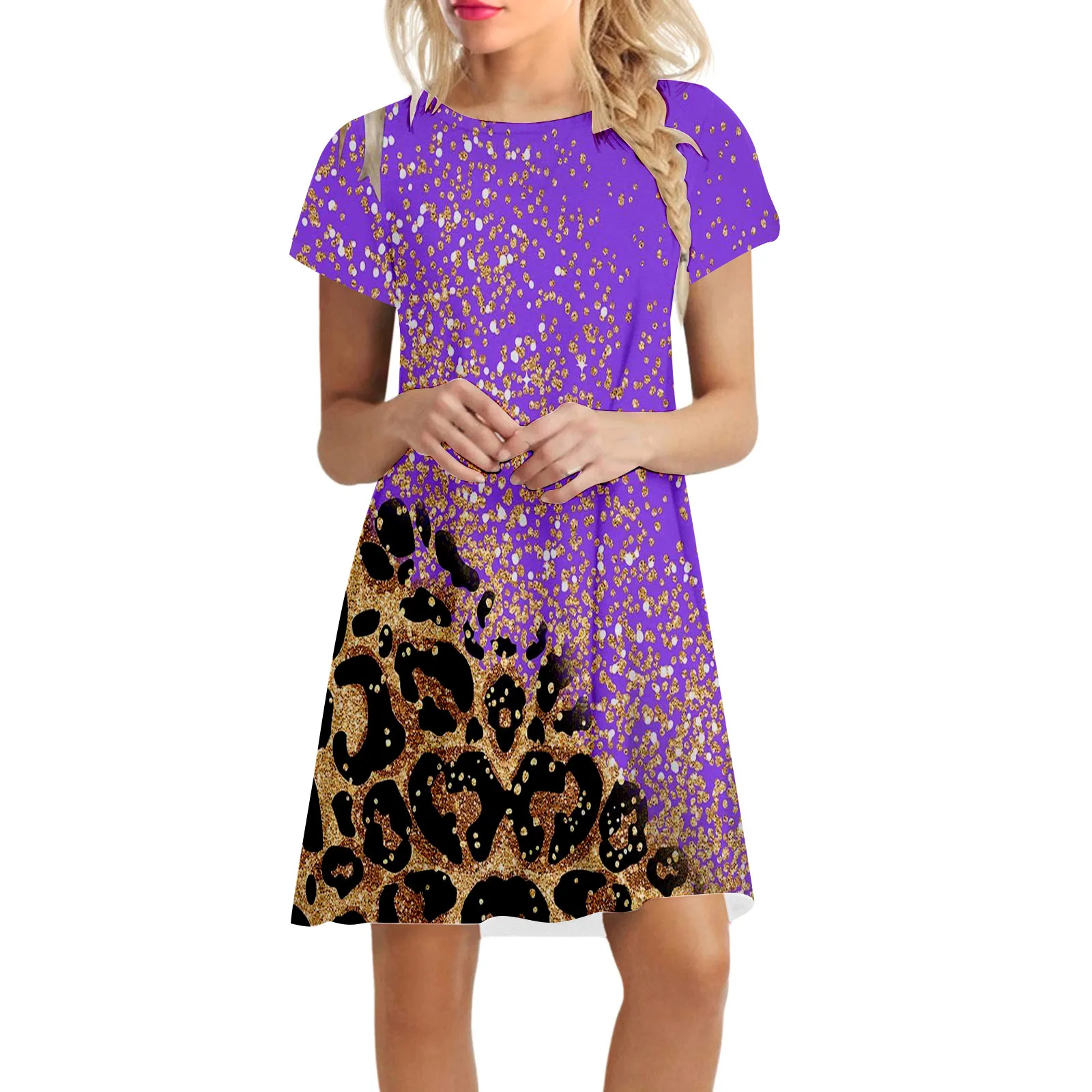 

European and American women's dress 3D printed fresh pattern round neck short-sleeved dress