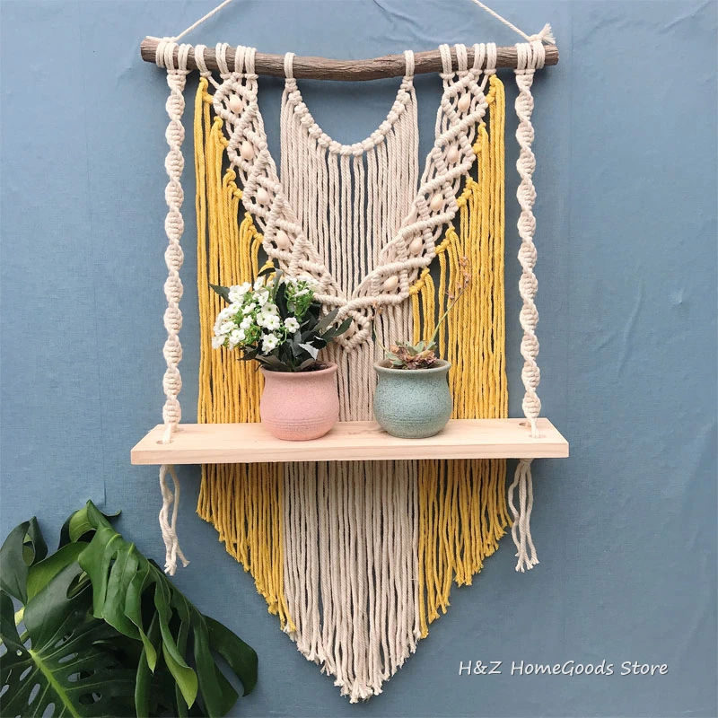 Hand-Woven Macrame Tapestry Rack Wooden Shelves Wall Hanging For Bohemian Decoration Boho Decor Ornament Livingroom 50*80cm
Hand-Woven Macrame Tapestry Rack Wooden Shelves Wall Hanging For Bohemian Decoration Boho Decor Ornament Livingroom 50*80cm
