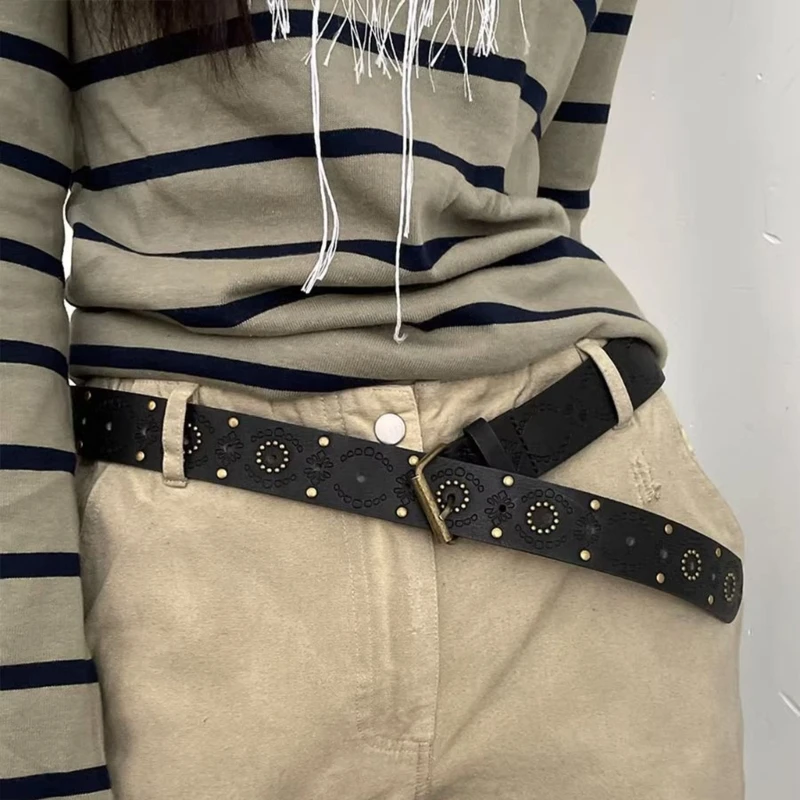 

Distressed Style Alloy Rivet Waist Belts for Jeans Vintage PU Belt for Woman Cowboy Cowgirl Teens Female Skirt Waistband