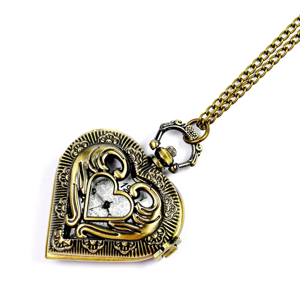 

reloj hombre Vintage Bronze Heart Shape Design Pendant Quartz Pocket Watch steampunk Pendant Chain Clock With Necklace