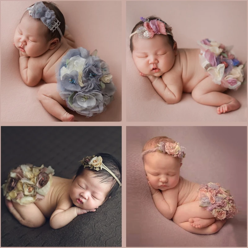 

2Pcs/set Newborn Photography Clothing Outfits Headband+Round Flower Cover Baby Girl Photo Props Accessories Studio Infant Shoot