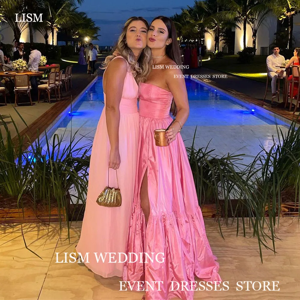 

LISM Sexy Long Pink Evening Party Dresses Strapless Sleeveless Side Split Pleat A-Line Formal Prom Gowns For Saudi Arabic Women