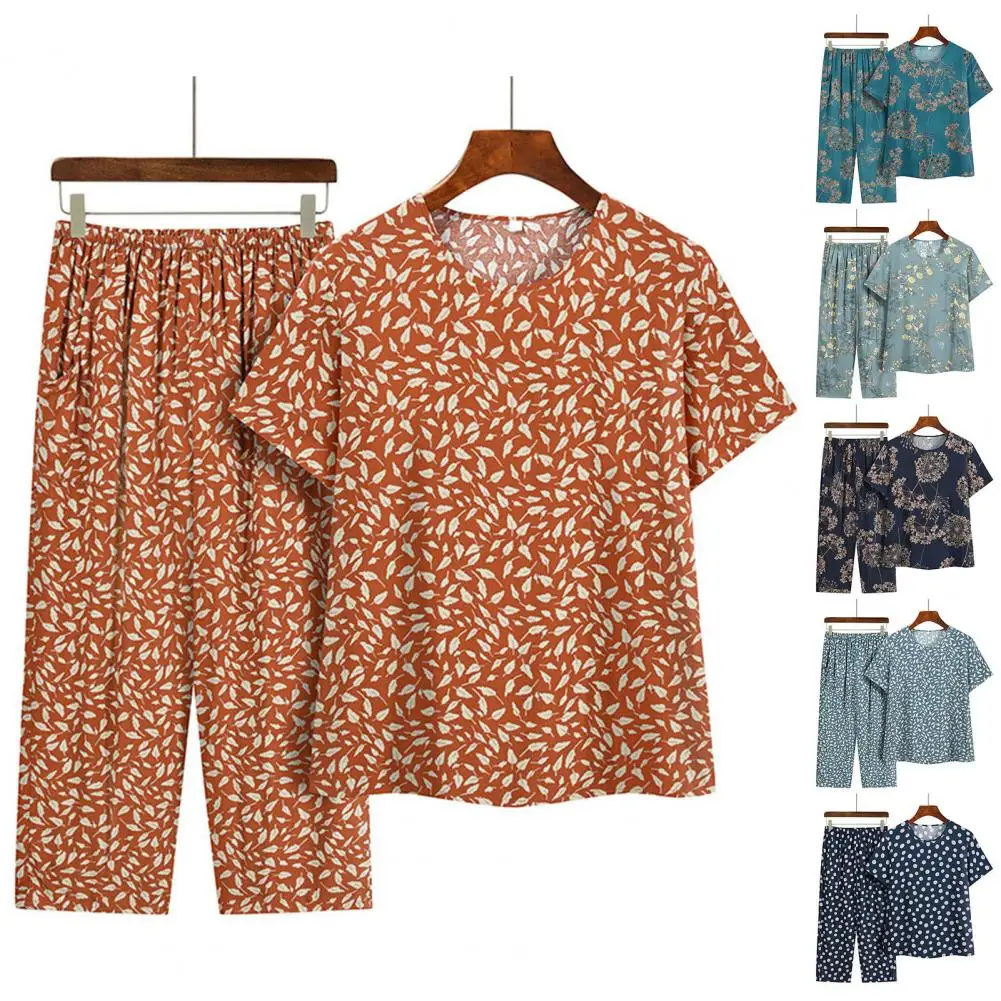 

Lady Homewear Suit Floral Print Women's Pajamas Set with Wide Leg Trousers Short Sleeve T-shirt Mid-aged Grandmother for Comfort