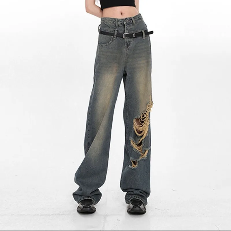 

Deeptown Vintage Ripped Jeans Women Baggy Korean Y2k Wide Leg Denim Pants Oversized Streetwear Trousers High Waisted Fashion