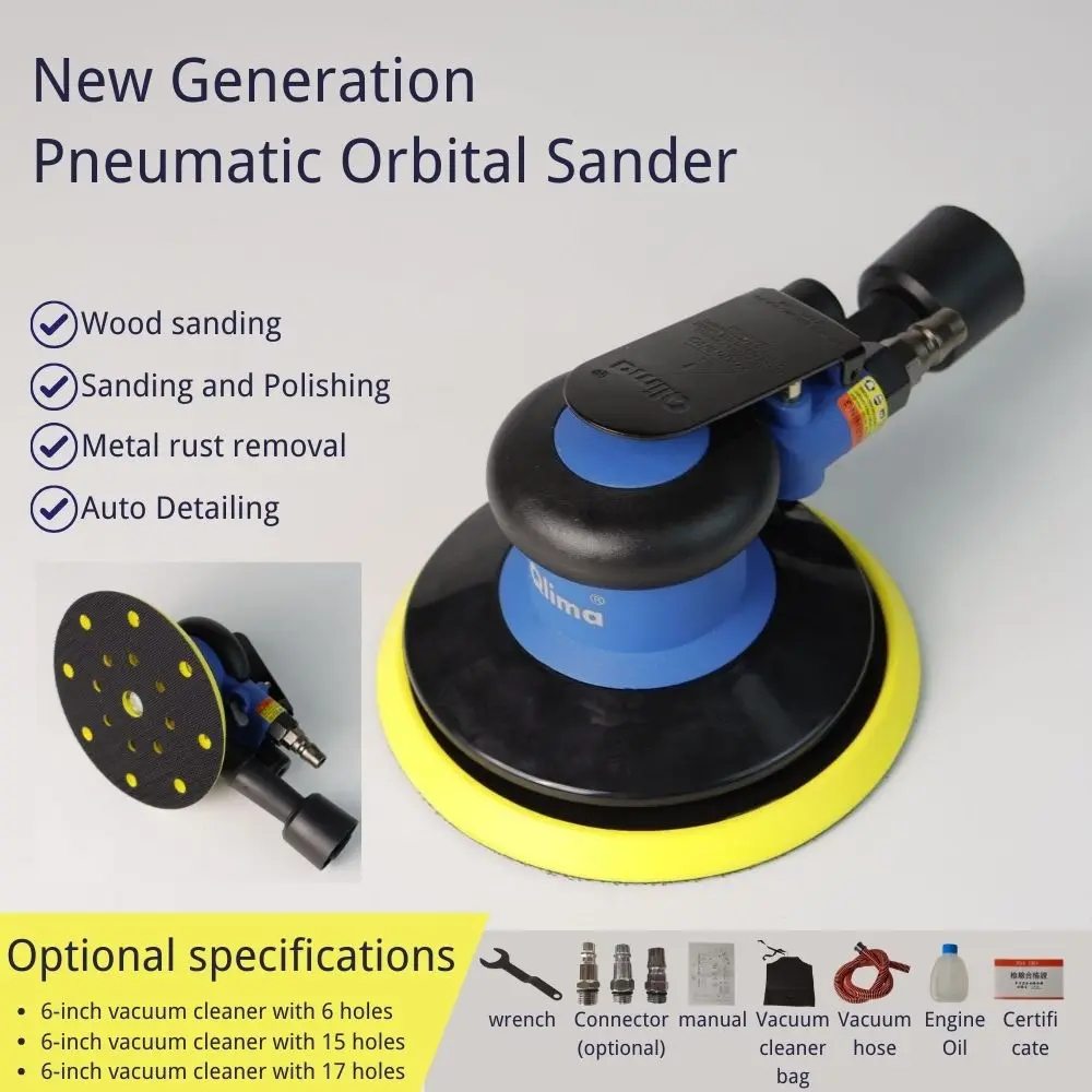 

215 6" Dust Extraction 17-hole Industrial Grade Pneumatic Orbital Sander with 12000 RPM No-load Speed 5mm Orbit air sander