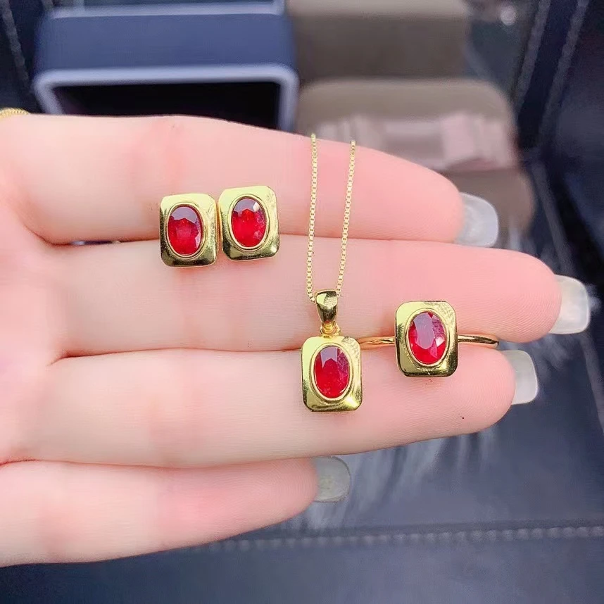 MeiBaPJ Natural Red Ruby Rectangle Wedding Jewelry Sets for Women 925 Silver Earrings Ring Pendant Necklace Three-piece Suite 
MeiBaPJ Natural Red Ruby Rectangle Wedding Jewelry Sets for Women 925 Silver Earrings Ring Pendant Necklace Three-piece Suite