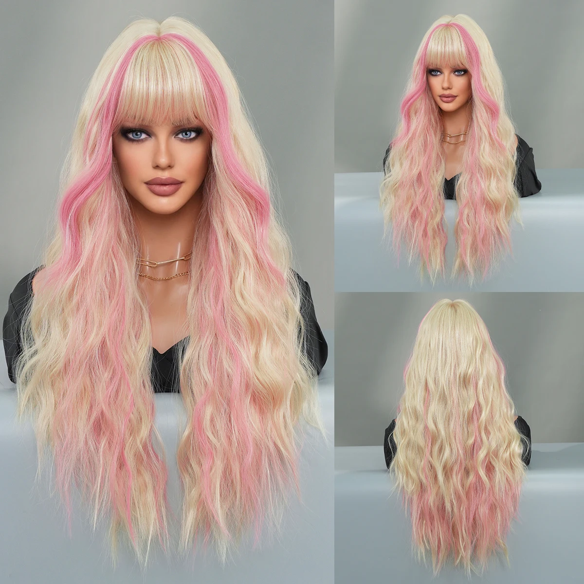 

PARK YUN Blonde Wig Long Body Wavy Pink Ombre Blonde Wig for Women Daily Party High Density Synthetic Curly Hair Wigs with Bangs