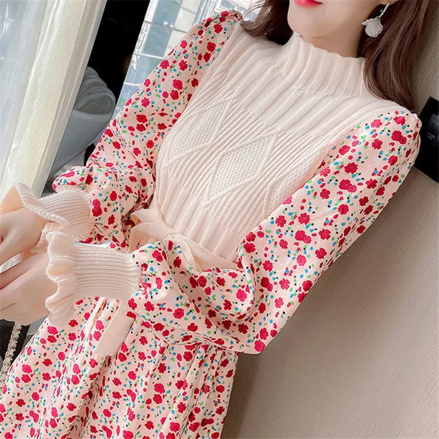 

Autumn sweater dresses for women winter splicing Pullover bandage Slim knitting dress sweet corduroy Floral print Dress vestido