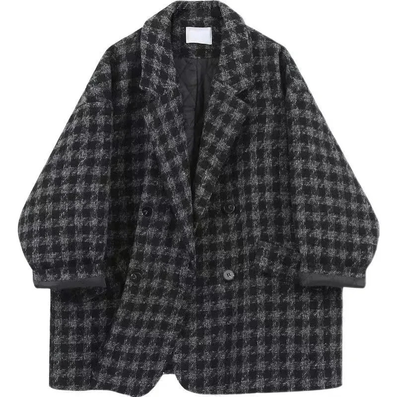 

2023 Women Clothing Winter Jacket Autumn New Loose Woolen Jacket Thickened Houndstooth Checker Coat Blazers Streetwear Outwear