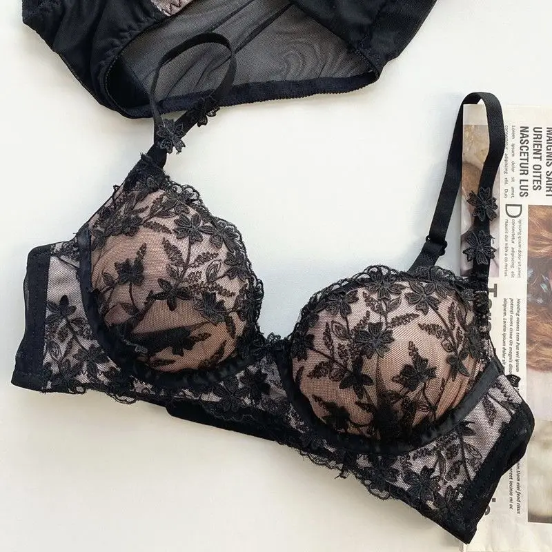 Women's sexy underwear, transparent flower embroidered ultra-fine bra, comfortable lace underwear, pushed up and gathered
Women's sexy underwear, transparent flower embroidered ultra-fine bra, comfortable lace underwear, pushed up and gathered