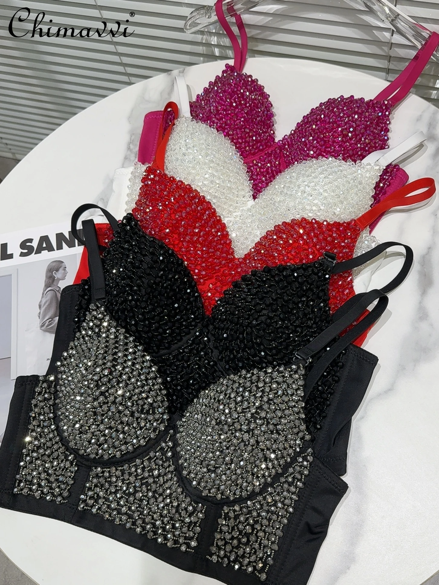 

2024 Summer Clothes New Fashion Nightclub Socialite Hot Girl Beaded Top Heavy Industry Fishbone Chest Pad Underwear Sling