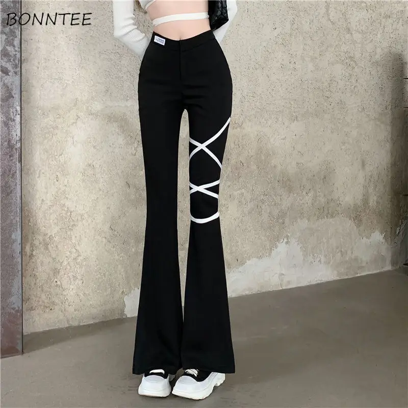 

Casual Pants Women Flare Bandage Design Sweet Sexy All-match Cozy Elegant Korean Style Ulzzang Retro Young Ladies New Ins Chic